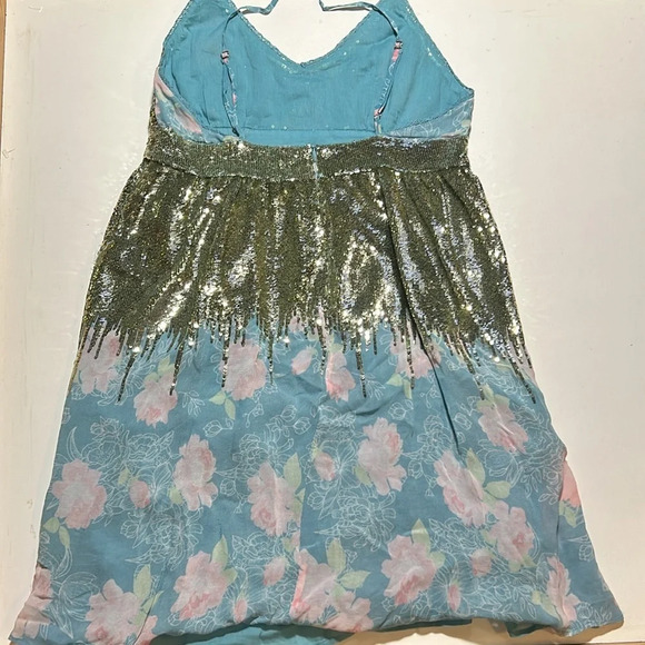 Manoush Gold Sequins Blue Floral Zip Up Dress Sz M C6 - Picture 5 of 5